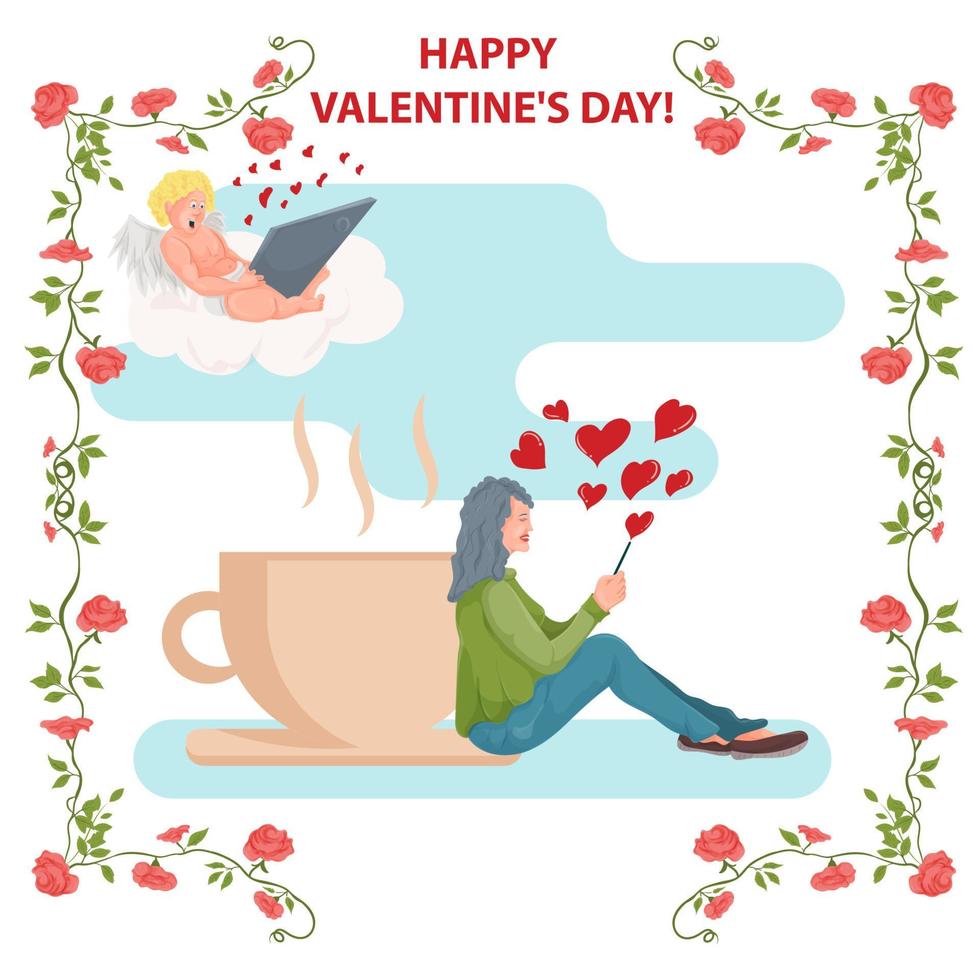 una ilustración de estilo plano para las vacaciones del día de san valentín en un marco de flores, una chica se sienta al lado de una taza de bebida y escribe con cupido en una nube vector