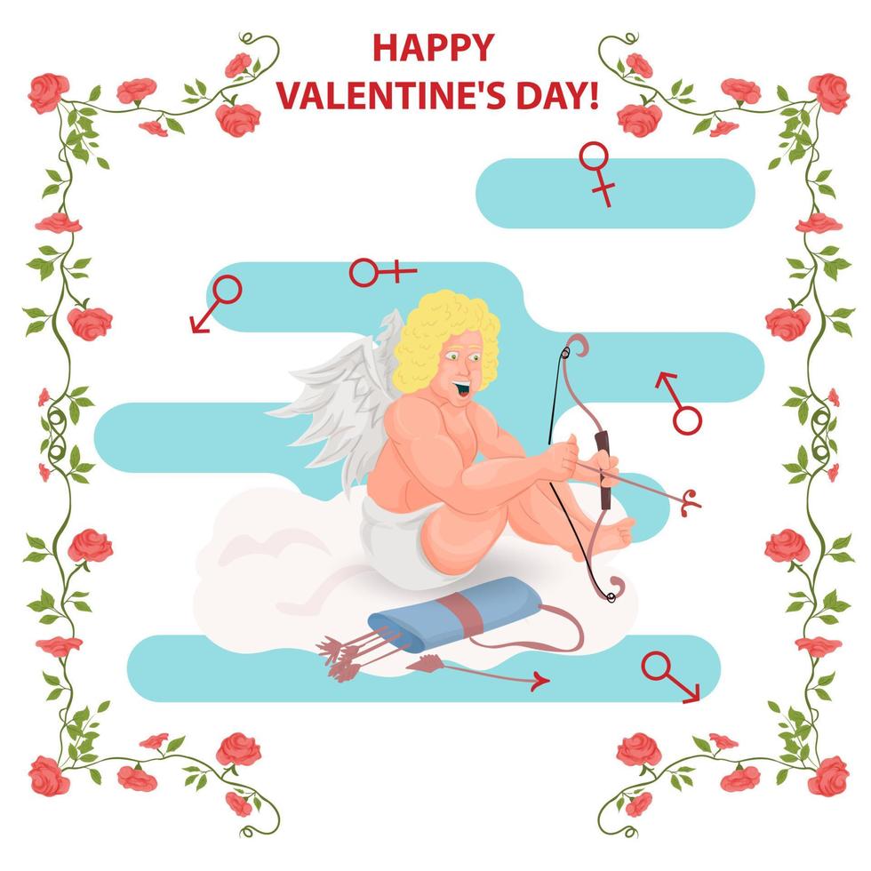 Illustration in a flat style for the Valentines Day holiday in a frame of flowers cupid with wings sits on a cloud and aims a bow vector