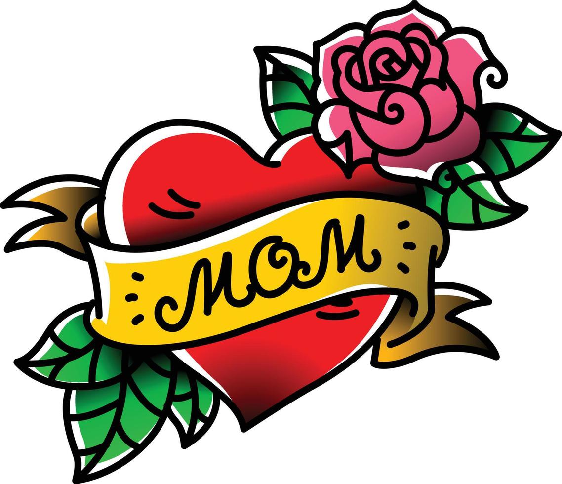 A tattoo with the inscription of Mom. A heart and flower tattoo with a flower. Tattoo in the style of the American old school. Vector flat tattoo. The illustration is isolated on a white background.