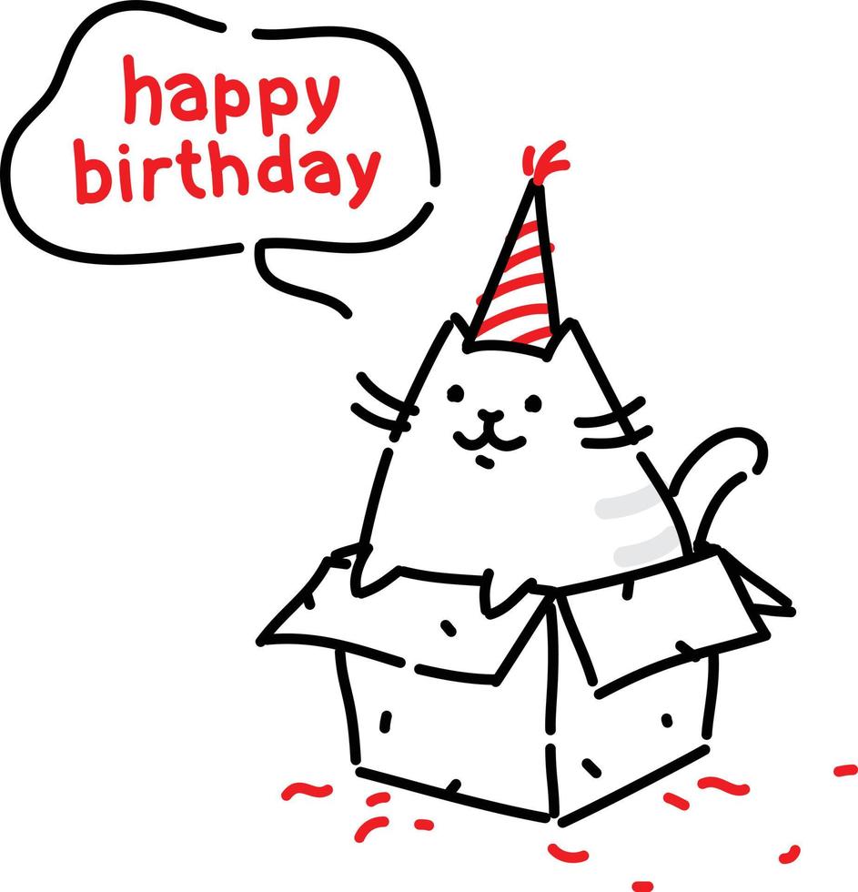 Cartoon funny cat, congratulates on his birthday. Vector flat illustration. The character is isolated on a white background. Kitty in the box. Cat's life. Character for the site and print postcards.