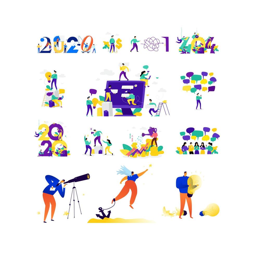 ilustraciones sobre el tema de los negocios. vector. Situaciones metafóricas en los negocios. comunicación, finanzas, comunicación, redes sociales. 2020 año nuevo. vector