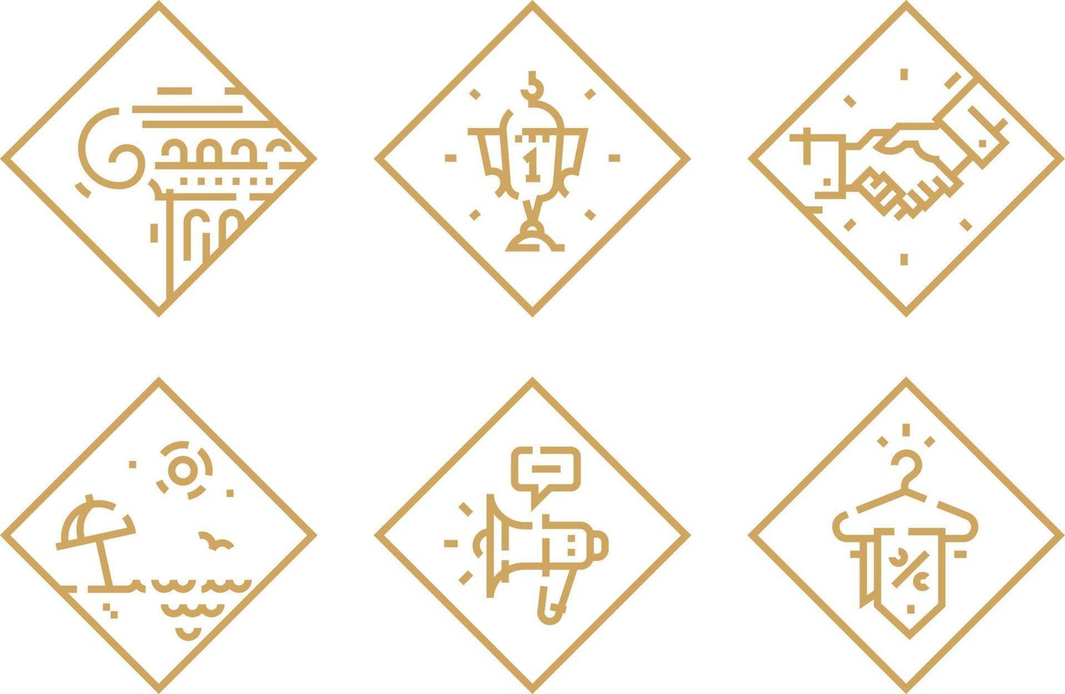 Set of vector icons on different topics. Icons isolated on white background. Cup. The Greek Column. Relax on the beach. Megaphone. Discounts. Handshake. Square outline icons. Accidentally matched.