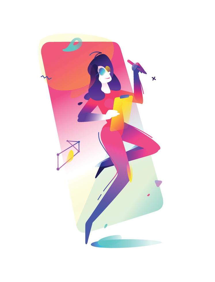 ilustración de una niña en un fondo de teléfono inteligente. la mujer es la administradora que dirige la empresa. ilustración vectorial en un estilo plano. ilustración para banner y sitio web. vector