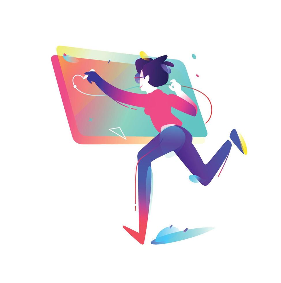 The girl behind the monitor. The developer of applications. Start a new project, start-up. Character of a business lady. Illustration for web banner, poster and print. Company character. vector