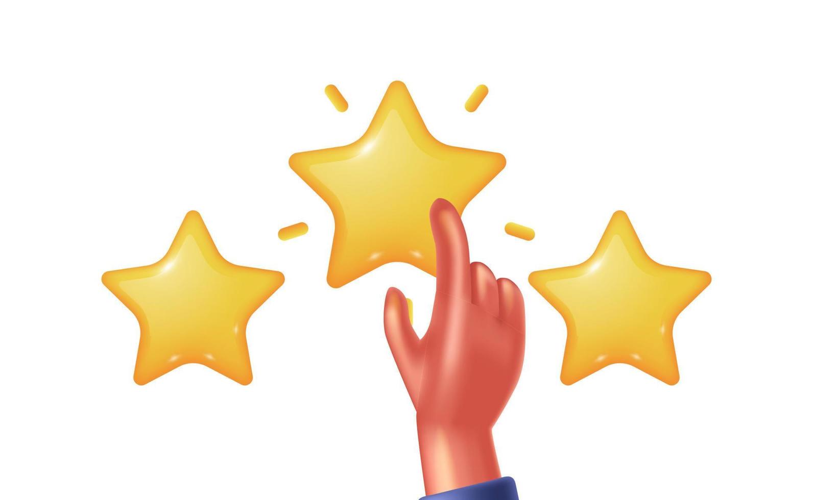 three star 3d cute illustration hand touch for review, rank, reputation, feedback customer illustration concept vector