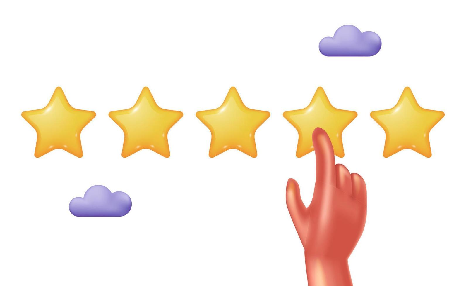 five star 3d cute illustration hand touch for review, rank, reputation, feedback customer illustration concept vector