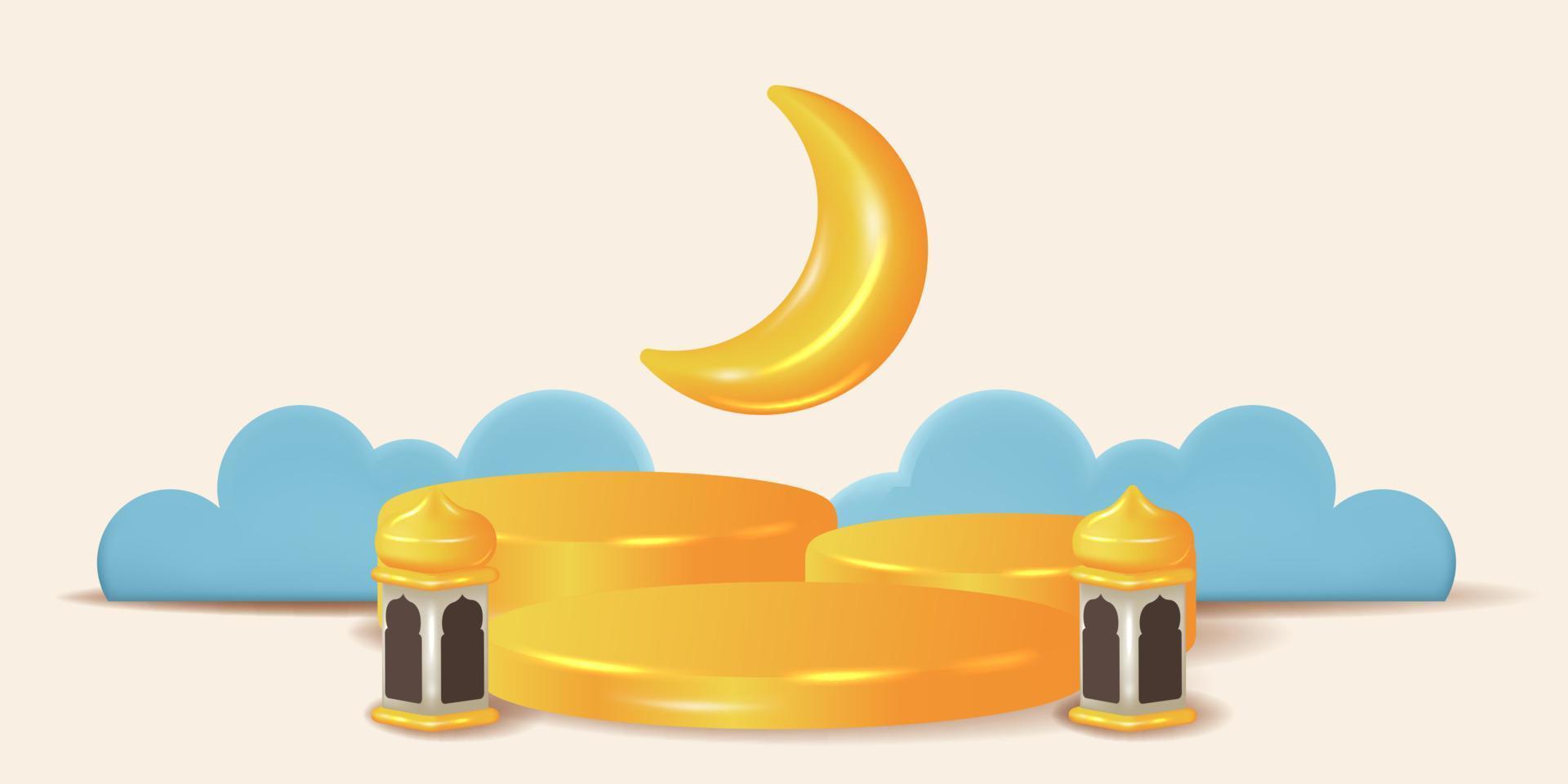 3d cute moon crescent with yellow shiny cylinder podium stage decoration for ramadan islamic event party vector