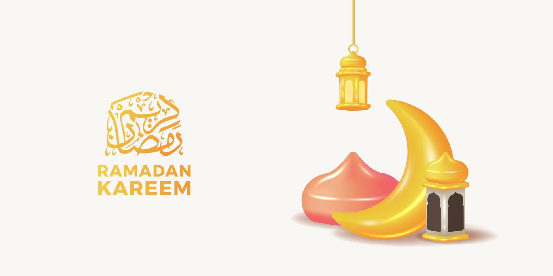 3d cute moon crescent and lantern mosque decoration for ramadan islamic event party vector