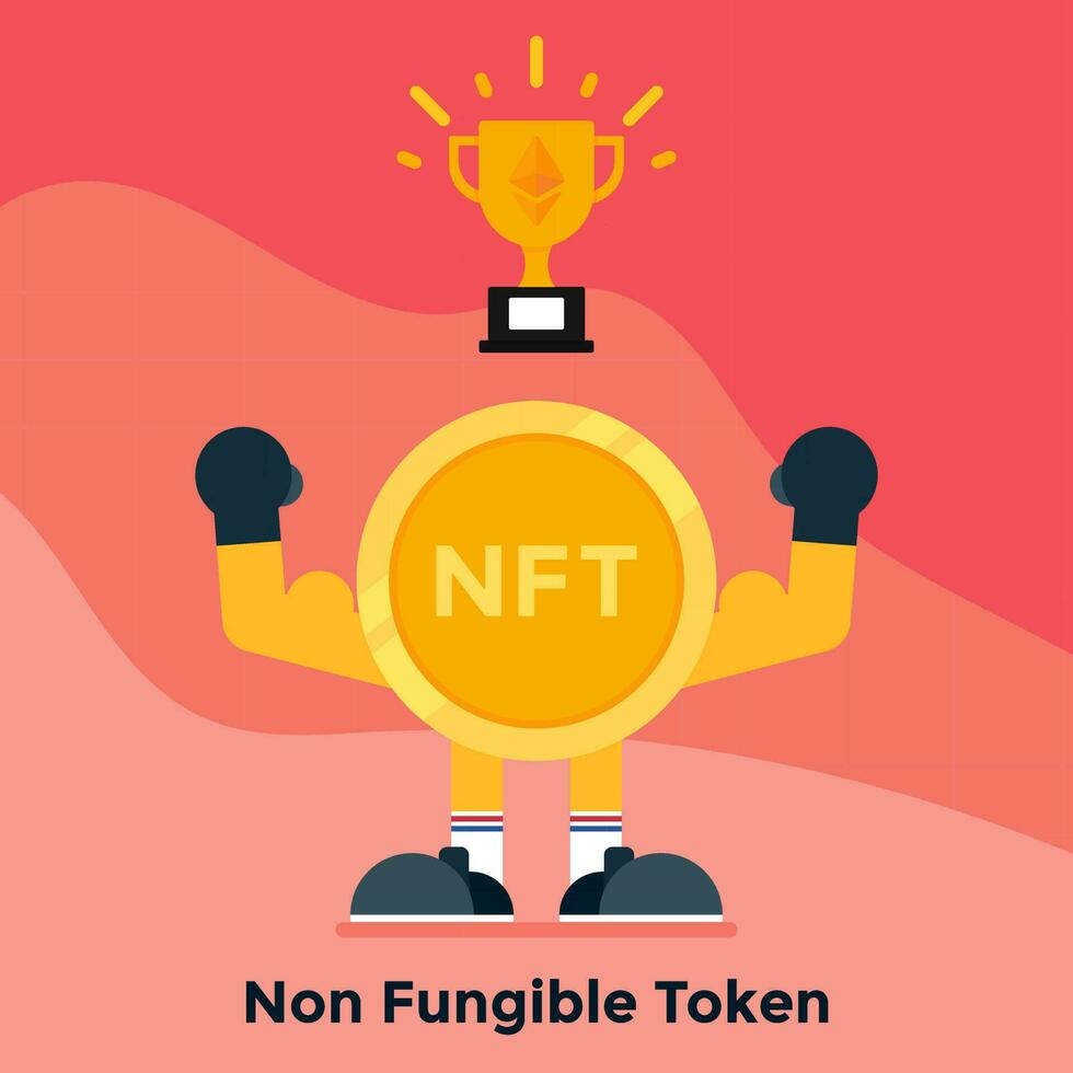 Illustration vector graphic of Non Fungible Token with Its Muscle and Shining Cup. Perfect for NFT poster, NFT content, NFT template, etc.