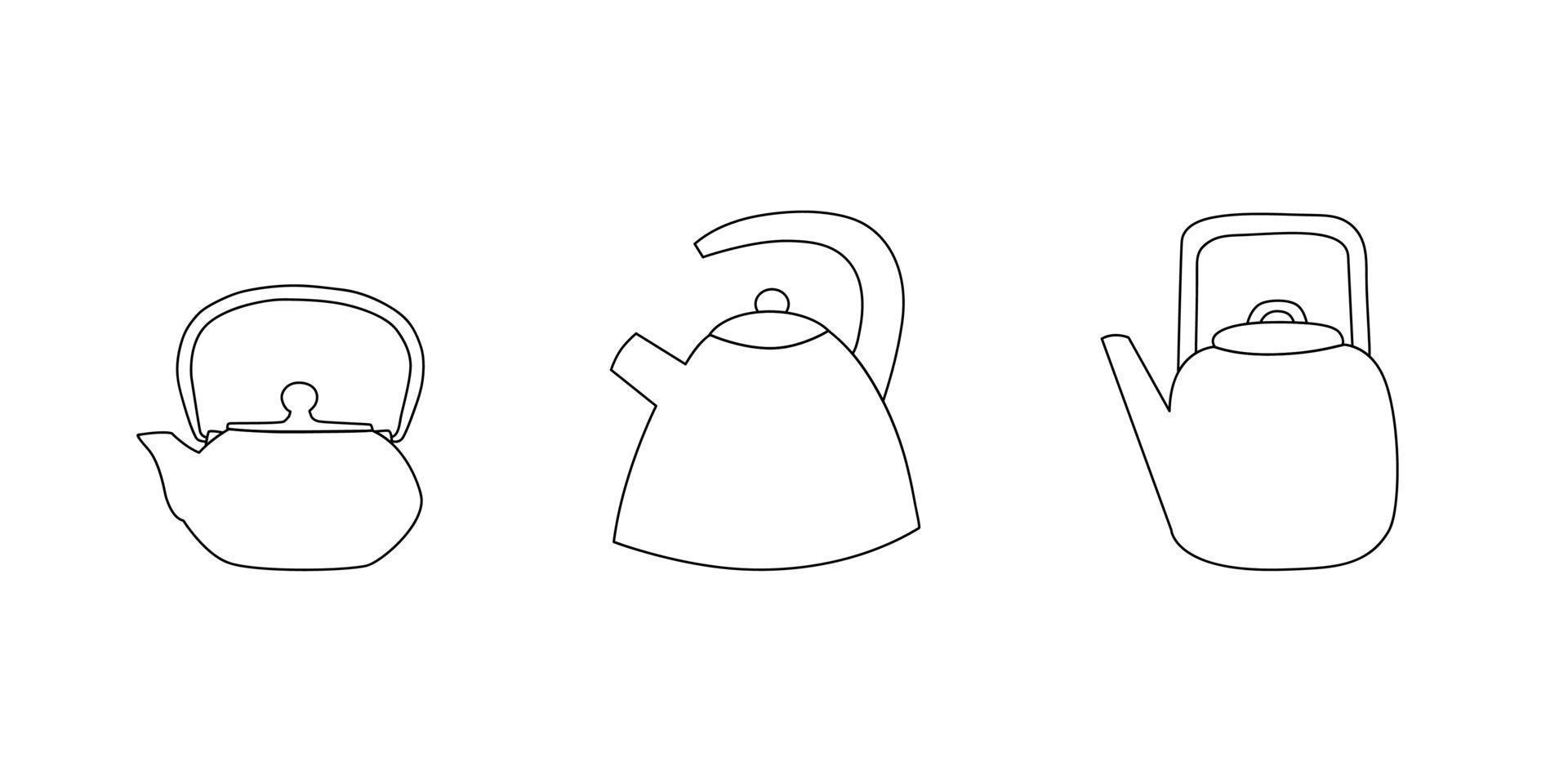 Set of line art doodle kettles and teapot. Kitchen utensil. vector