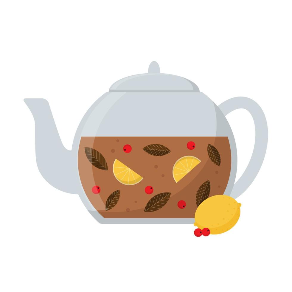 Cartoon glass teapot. Tea with lemon and berries. Kitchen utensil. Doodle flat style. vector