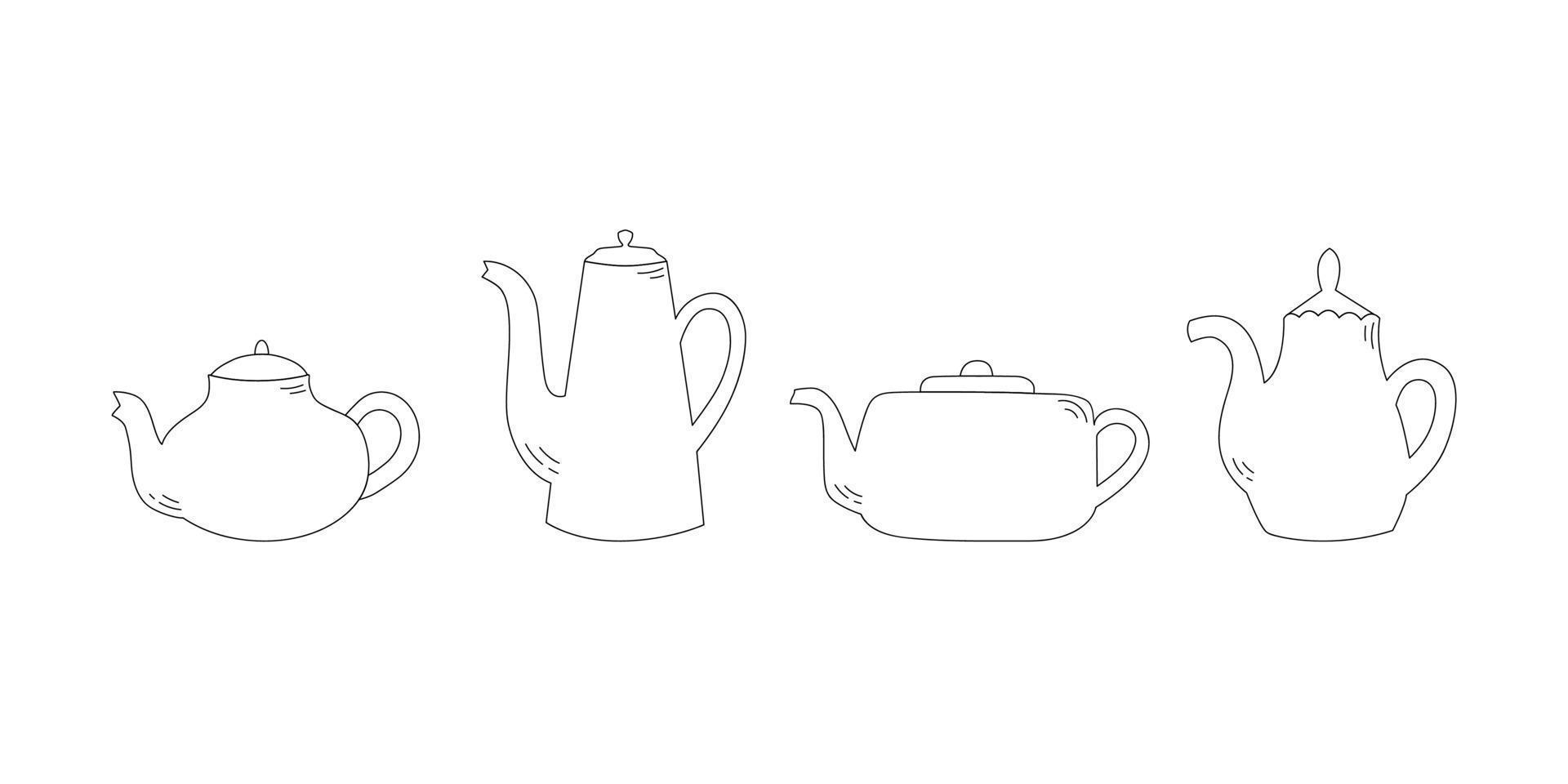 Set of line art teapots. Kitchen utensil. Doodle flat style. vector