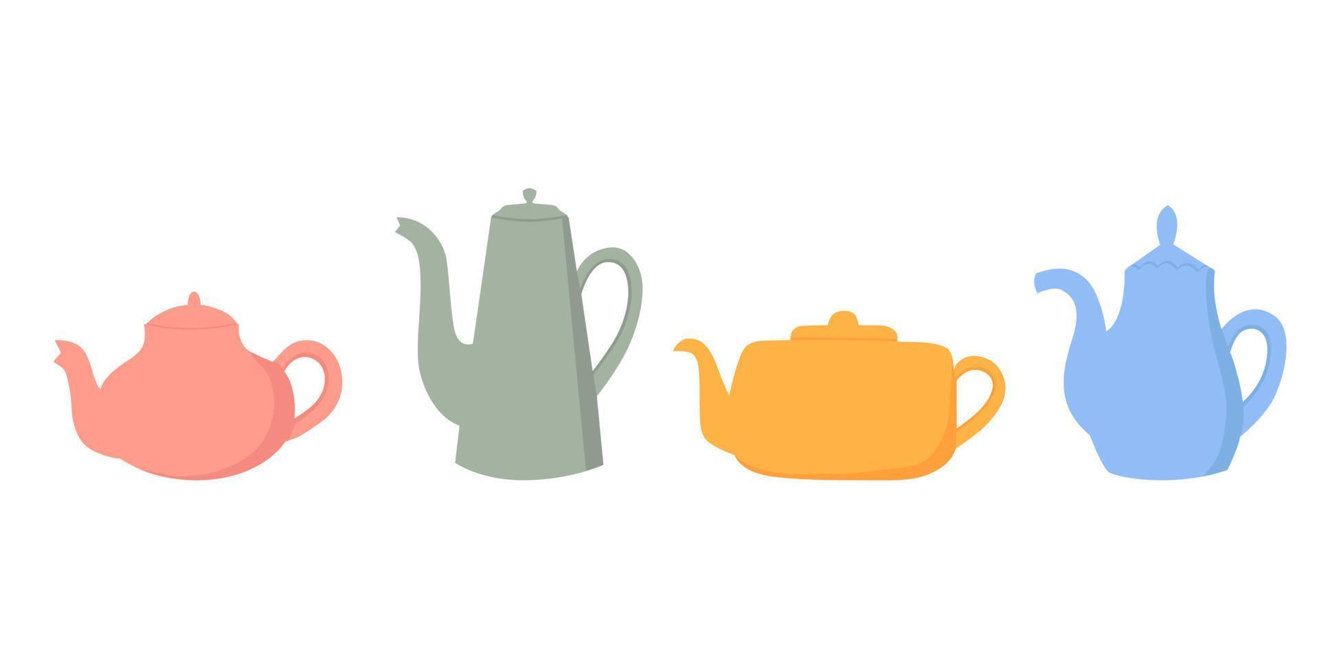 Set of colorful teapots. Kitchen utensil. Doodle flat style. vector