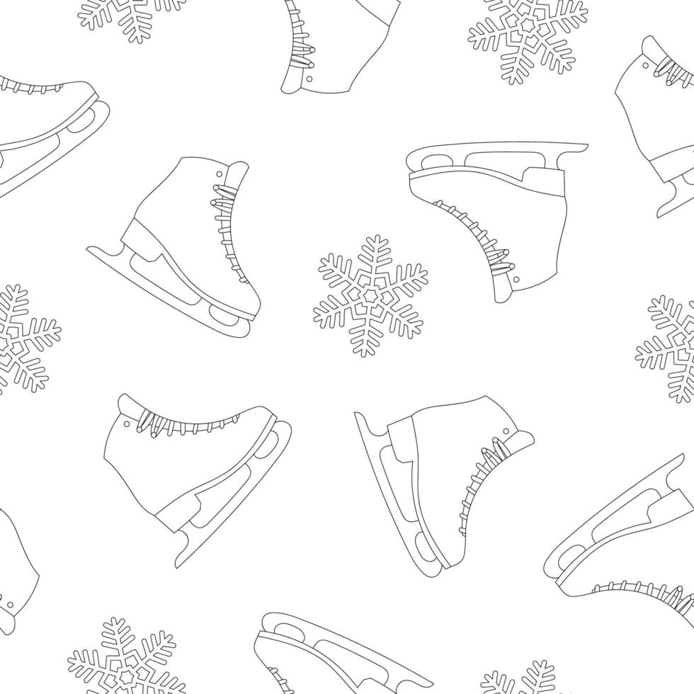 Ice skate seamless pattern. Figure skates and snowflakes on white background. Line art vector