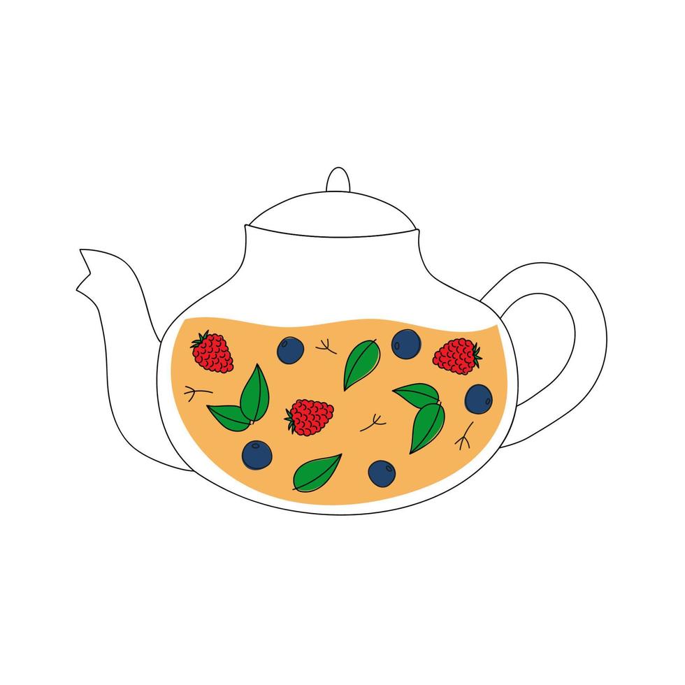 tetera de arte lineal. té con bayas y hojas. té de frutas de colores. utensilio de cocina. garabatear estilo plano. vector