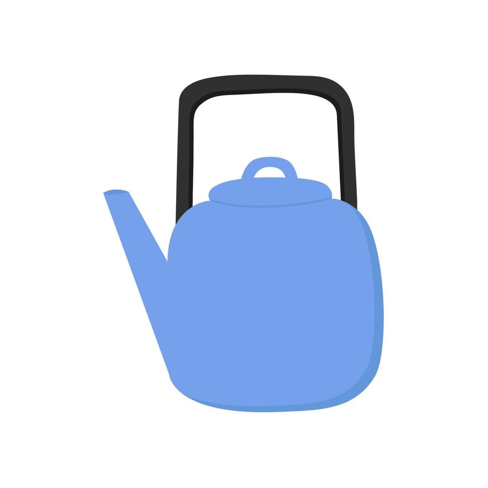 Metallic blue kettle. Kitchen utensil. Doodle flat style. vector