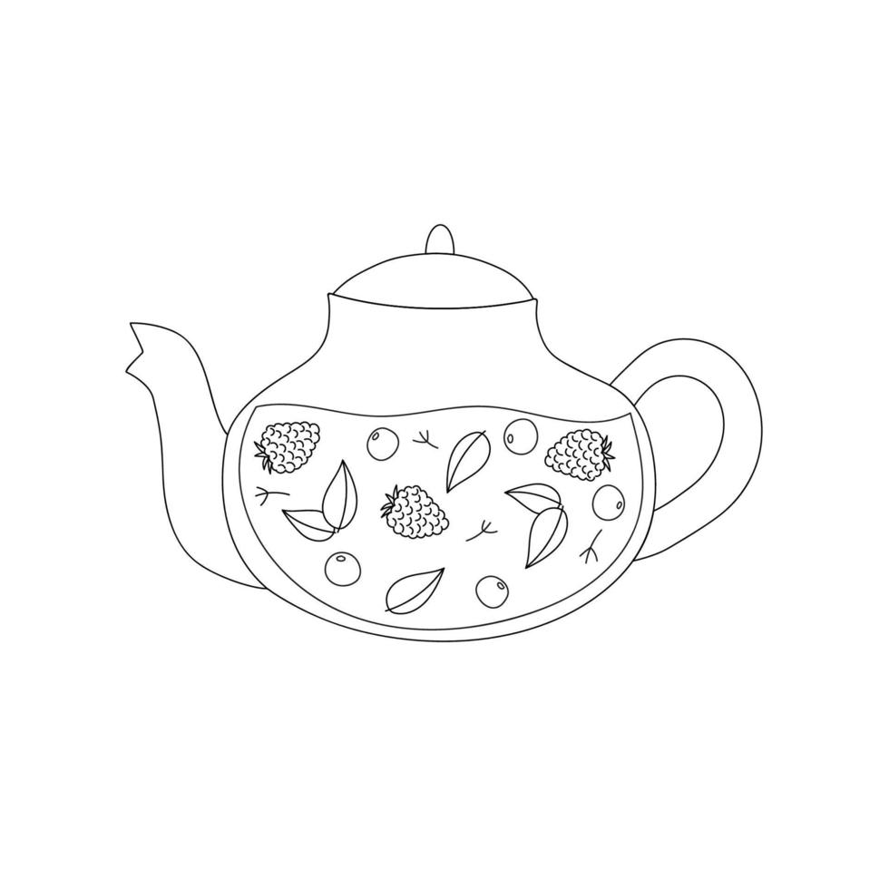 tetera de arte lineal con té de frutas. té con bayas y hojas. utensilio de cocina. garabatear estilo plano. vector