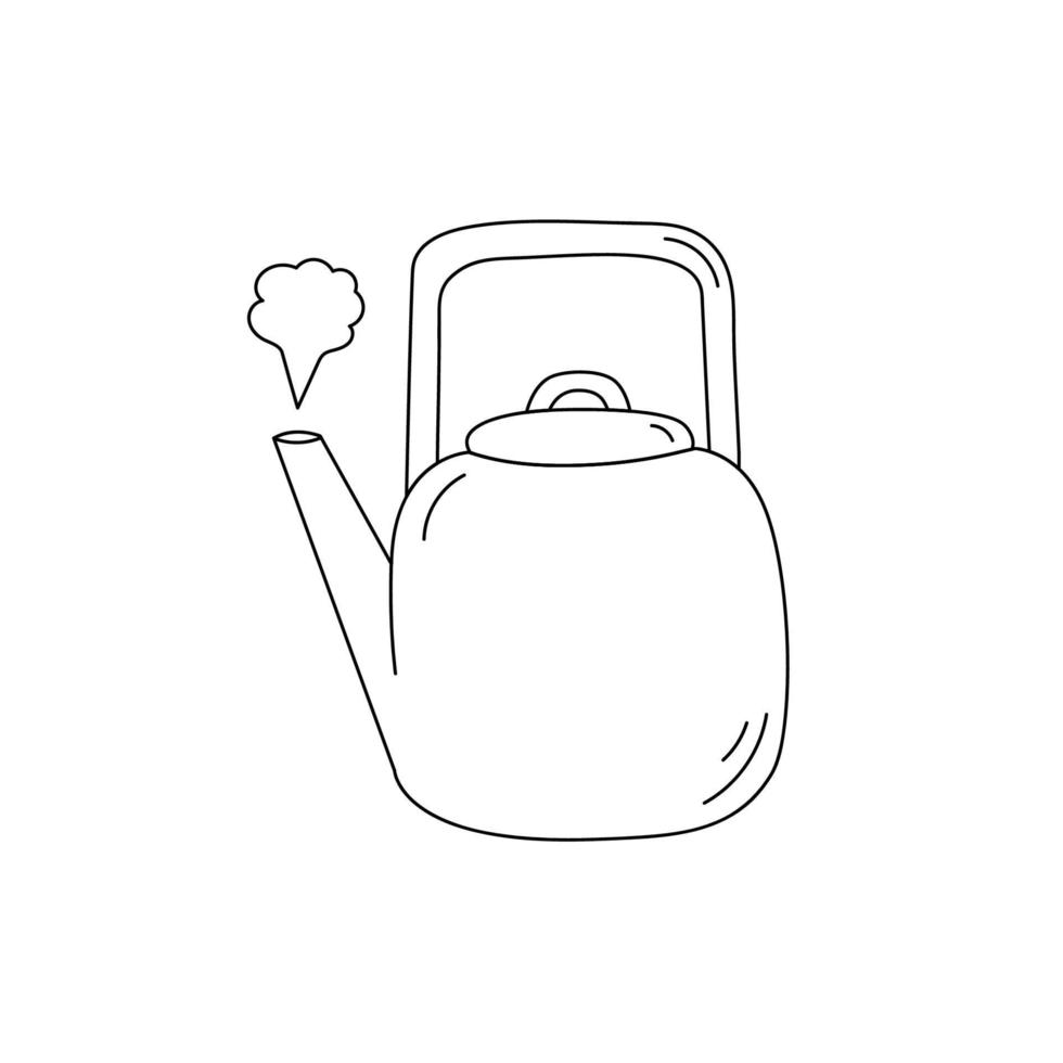 Metallic line art kettle with hot steam. Kitchen utensil. Doodle flat style. vector