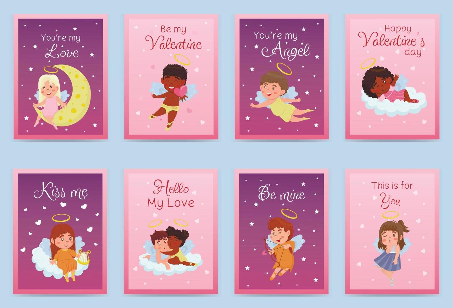 Collection of valentine's day greeting cards with children angels. Relationship, love, Valentine's day, romantic concept. Vector illustration for banner, poster, postcard, postcard.