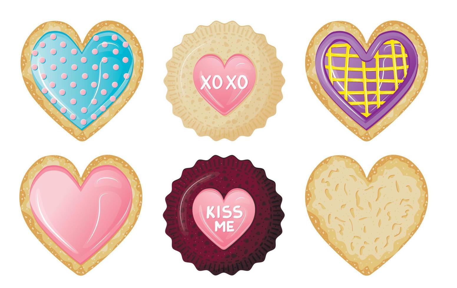 Collection of cute appetizing desserts in the form of hearts for valentine's day. vector