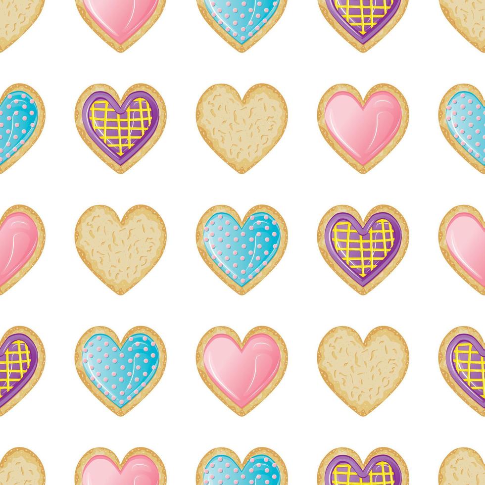 seamless pattern with butter cookies in the form of hearts. Ready print with sweets and desserts in glaze. vector