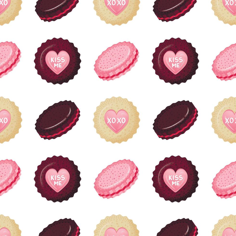 patrón sin costuras con galletas de mantequilla en forma de corazones. estampado listo con dulces y postres en glaseado. vector