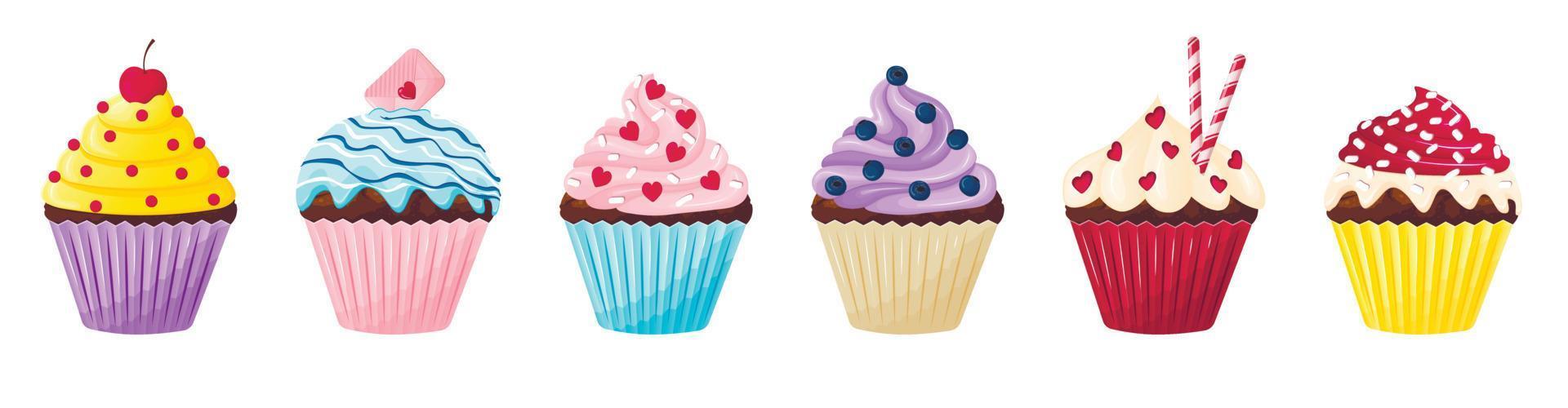 Set of cute cupcakes in flat style. Sweet pastries decorated with cream, icing, hearts, berries. Dessert for valentine's day vector