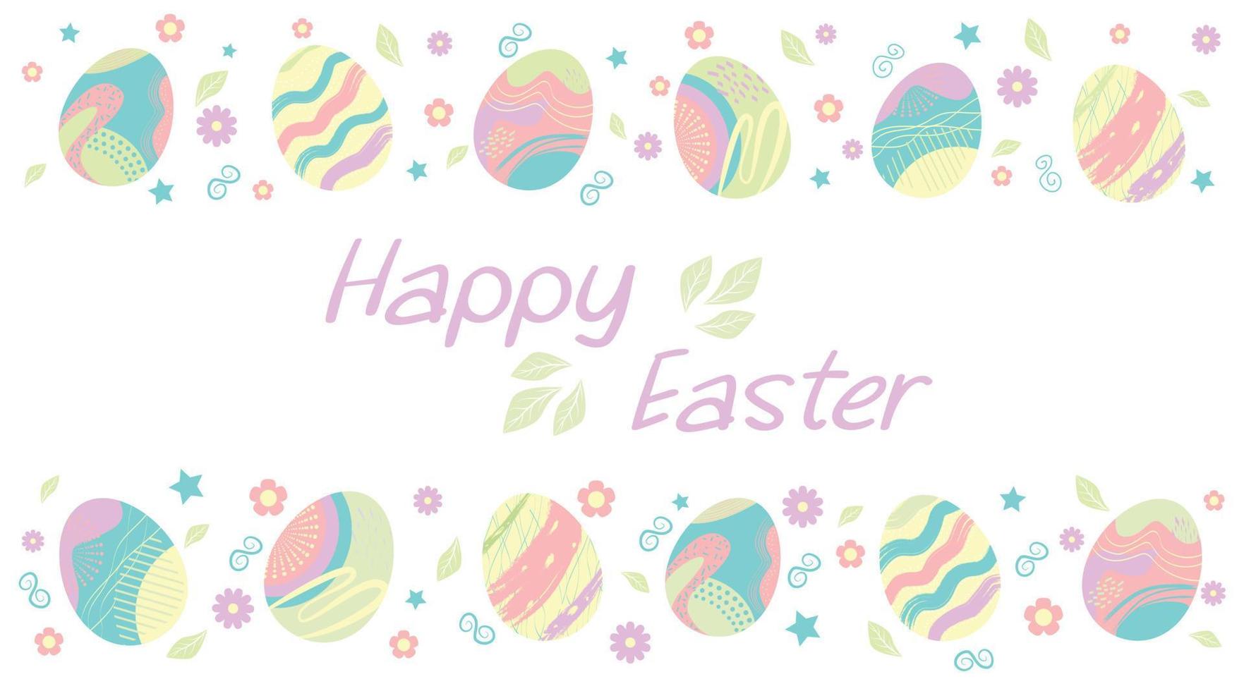 Congratulatory banner with simple easter eggs in pastel colors and abstract pattern and lettering happy easter. vector