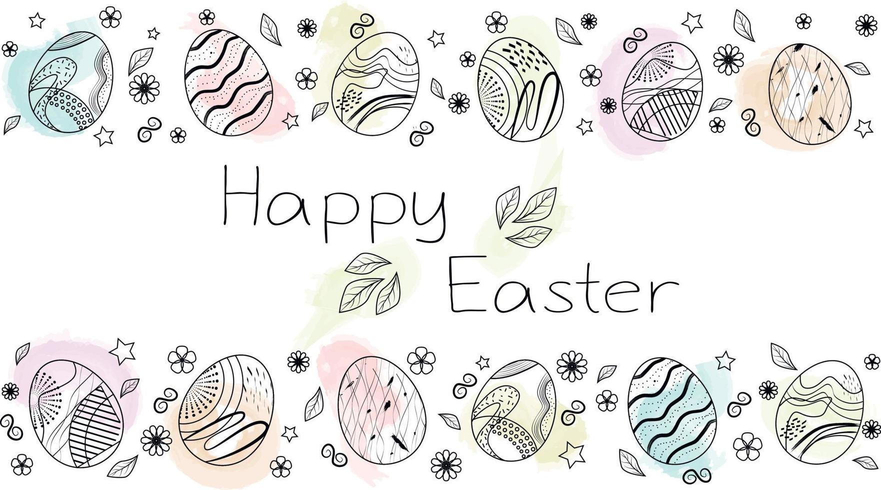 Congratulatory watercolor banner with simple easter eggs and abstract pattern and lettering happy easter. vector