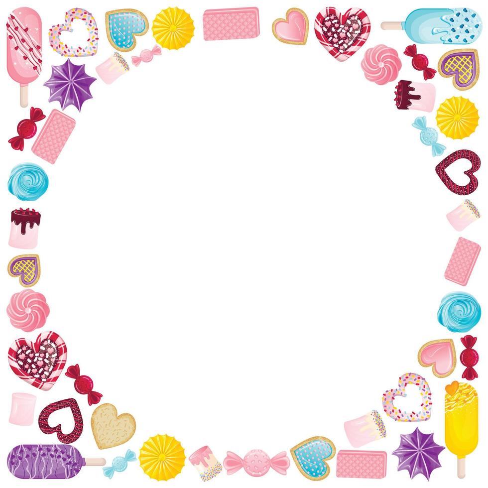 Frame with an empty circle inside made of sweets, gingerbread, marshmallows, heart-shaped lollipops with sprinkles and icing vector