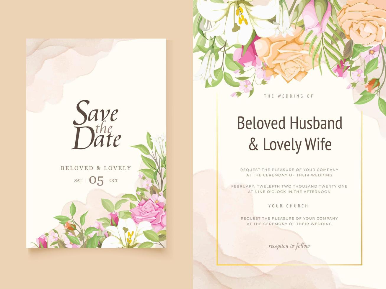 tarjeta de invitación de boda floral con diseño de lirios y rosas vector