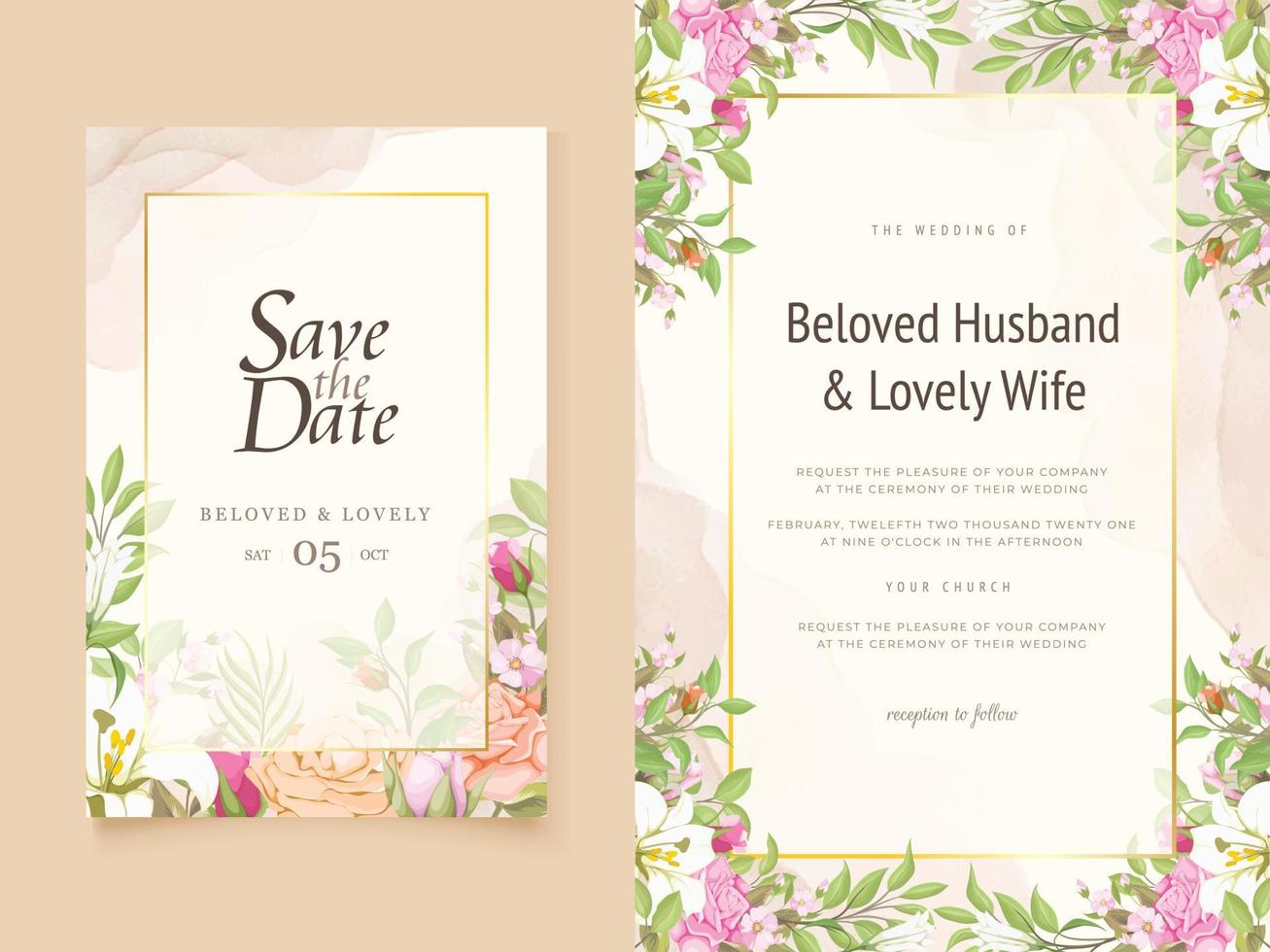 Wedding Invitation Card Floral with Lilies and Roses Design vector