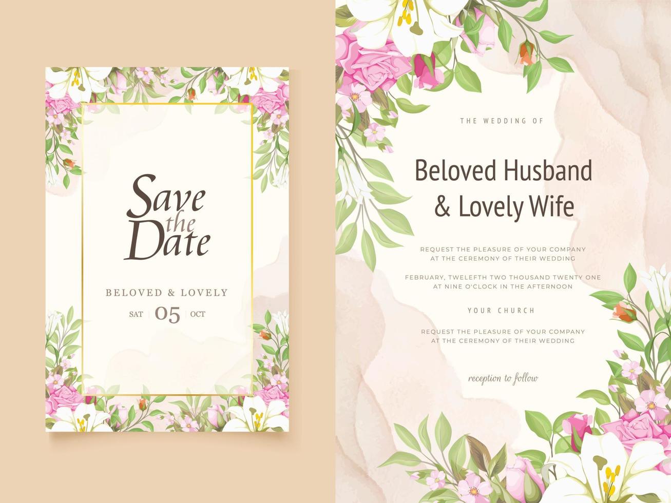 tarjeta de invitación de boda floral con diseño de lirios y rosas vector