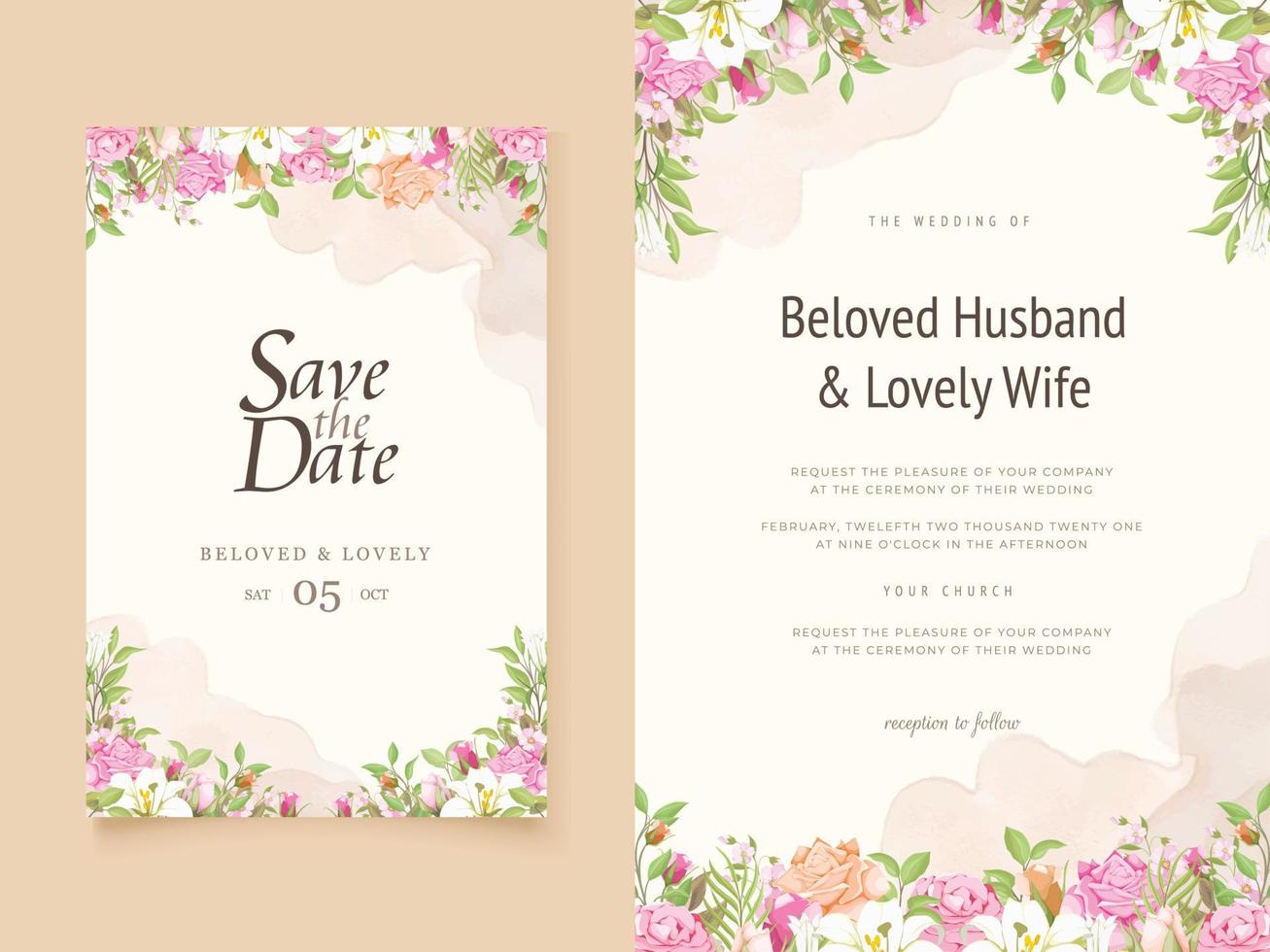 Wedding Invitation Card Floral with Lilies and Roses Design vector