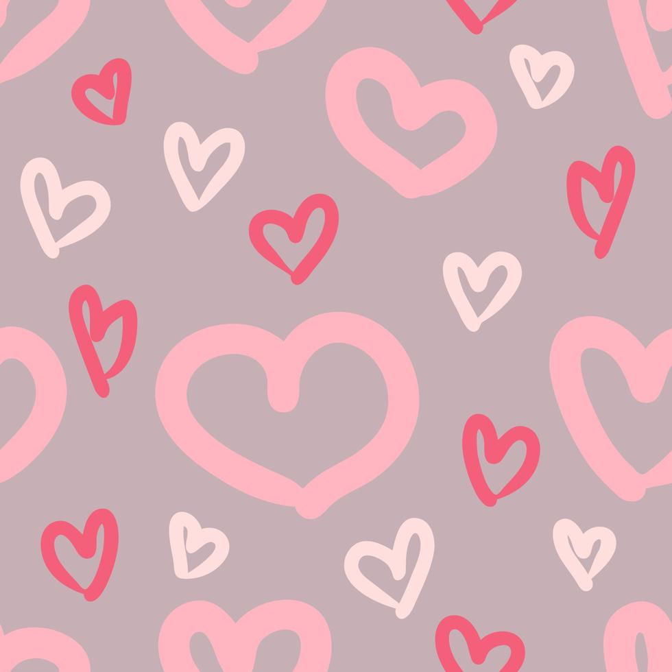 Hand drawn romantic seamless pattern with bright pink hearts. vector