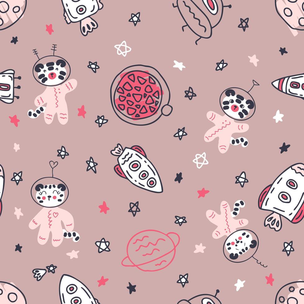 Astronauts white tigers in space hand drawn seamless pattern. vector