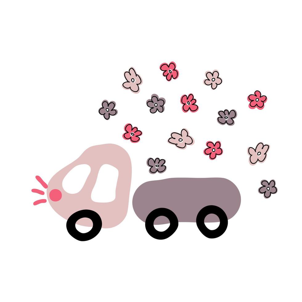 Hand drawn summer truck carrying flowers. vector