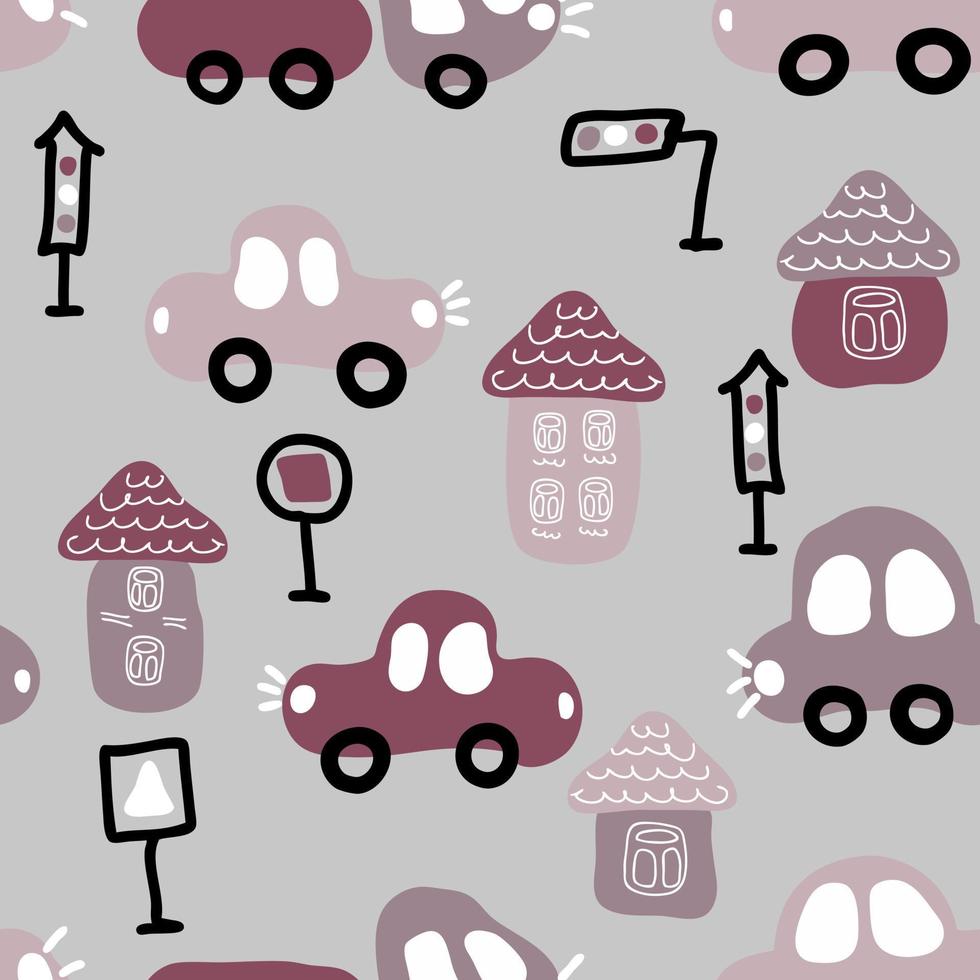 Hand drawn seamless pattern with urban cars and houses. vector