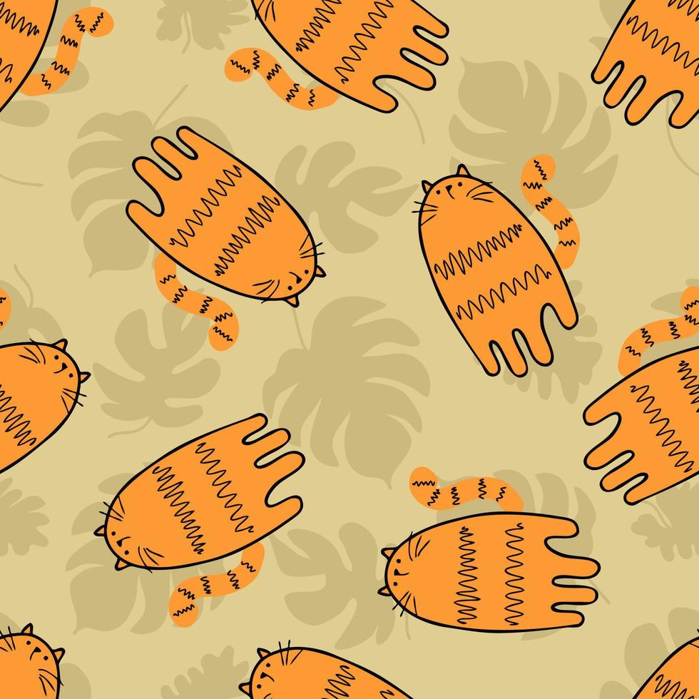 Doodle seamless pattern with tigers and tropical monstera leaves. vector