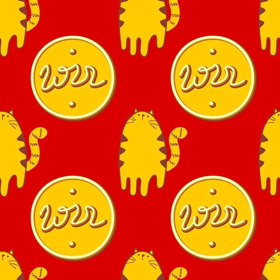 Hand drawn seamless pattern with tigers and golden 2022 coins. Perfect for T-shirt, textile and prints. Doodle vector illustration for decor and design.