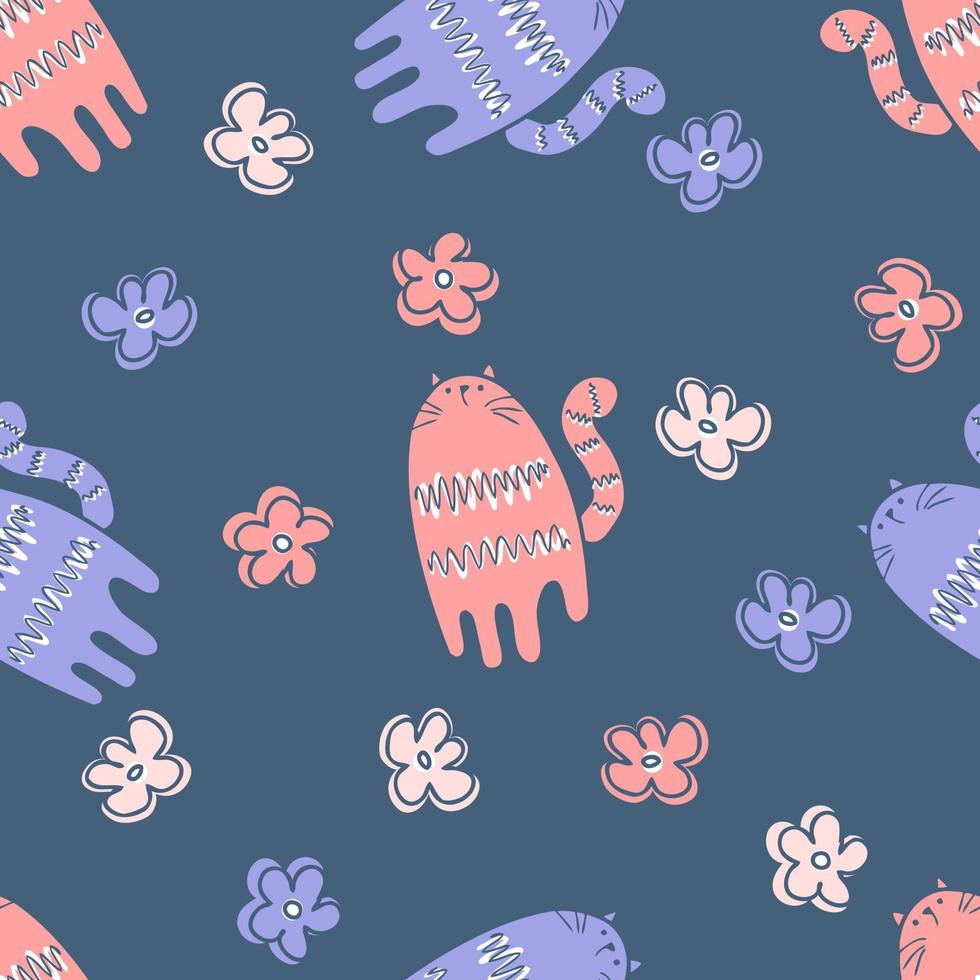 Doodle summer seamless pattern with tigers and flowers. vector