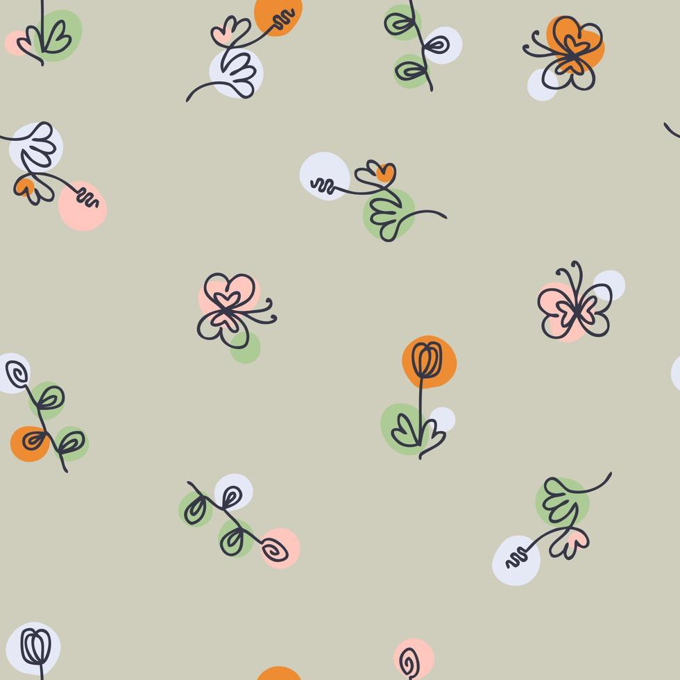 Hand drawn seamless pattern with flowers and butterflies. vector