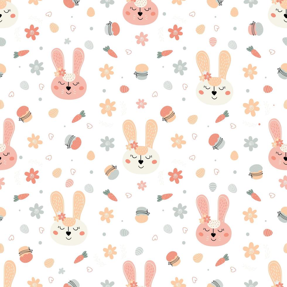 Easter pattern with rabbits, cakes, eggs, willow vector