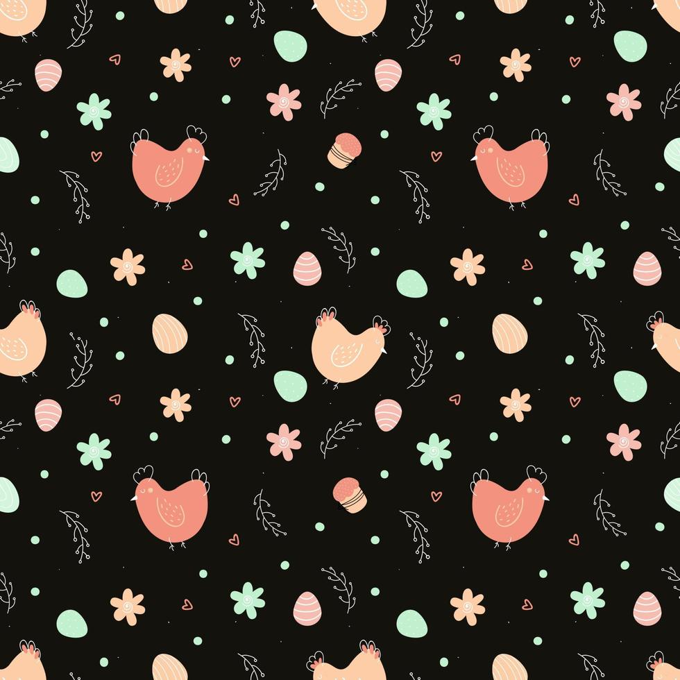 Chicken and eggs easter seamless pattern. Cute cartoon vector flat illustration