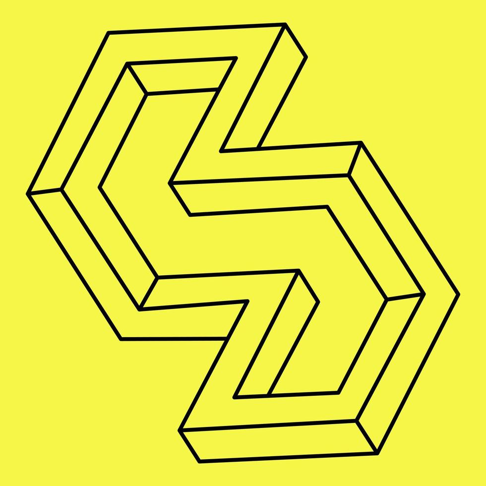 Impossible shapes. Sacred geometry. Optical illusion figure. Abstract eternal geometric object. Impossible endless outline. Op art. Impossible geometry shape on a yellow background. Line art. vector