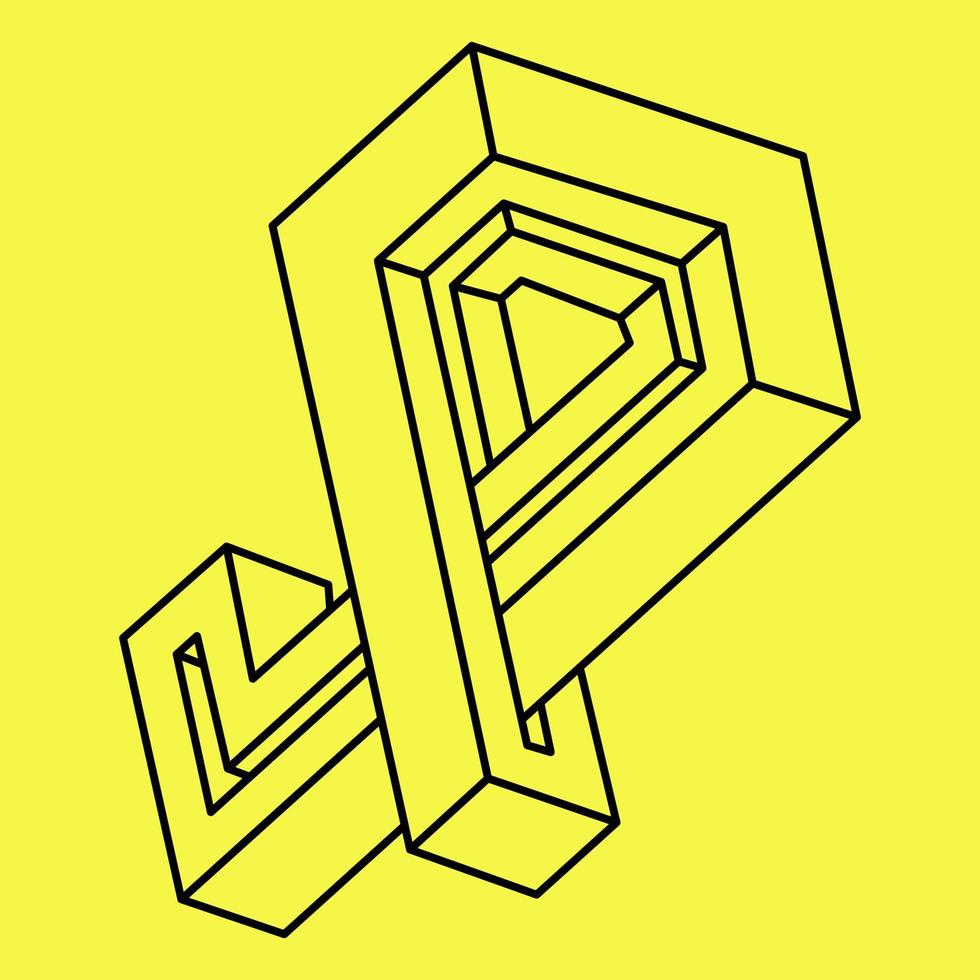 Impossible shapes. Sacred geometry. Optical illusion. Abstract eternal geometric object. Impossible endless outline. Optical art. Impossible geometry symbol on a yellow background. Op art. vector