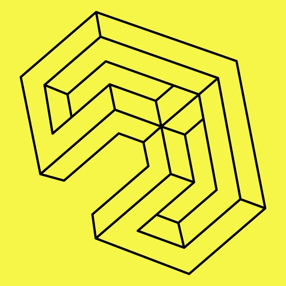 Impossible shape. Sacred geometry. Optical illusion. Abstract eternal geometric object. Impossible endless outline triangle. Impossible geometry object on a yellow background. Op art. Line art. vector