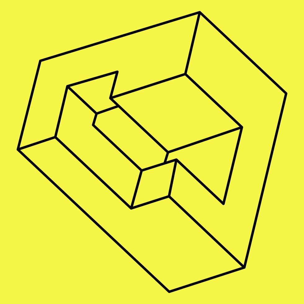 Impossible shape. Sacred geometry. Optical illusion. Abstract eternal geometric object. Impossible endless outline. Impossible geometry object on a yellow background. Op art. Line art. vector