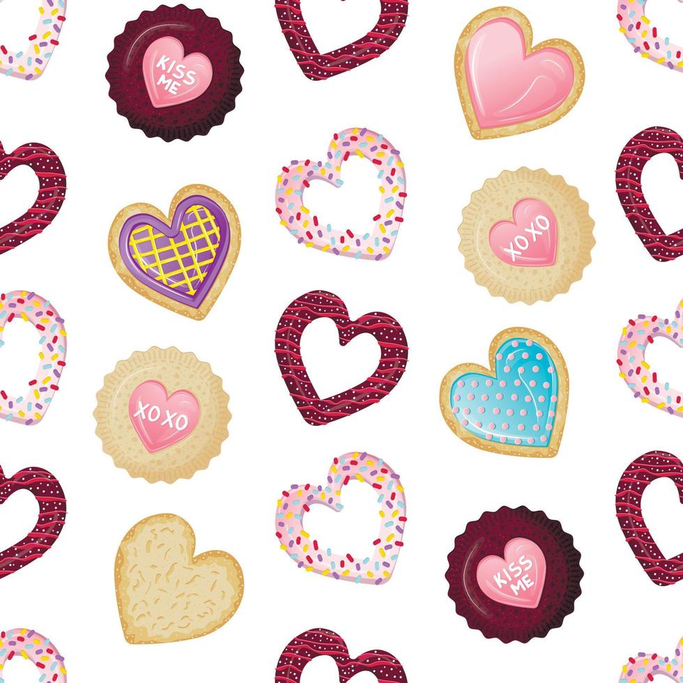 patrón sin costuras con galletas de mantequilla en forma de corazones. estampado listo con dulces y postres en glaseado. vector