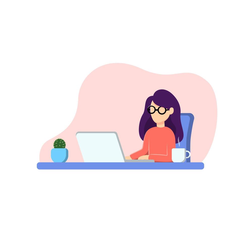 Illustration of woman working with computer. Flat design vector